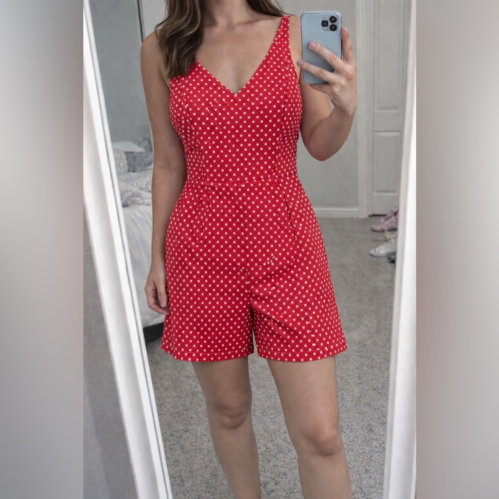 Retro Red Polka Dot Sleeveless Romper Women Small Pin Up Cotton‎ V Neck Summer